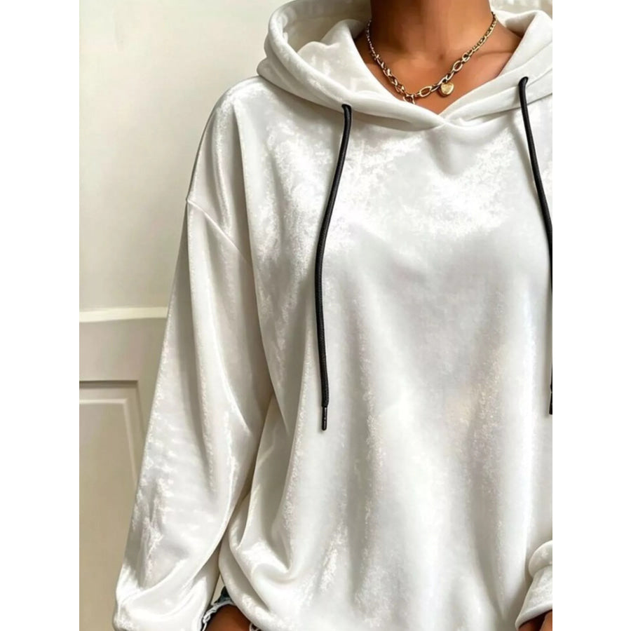 Plus Size Velvet Drawstring Dropped Shoulder Hoodie Apparel and Accessories