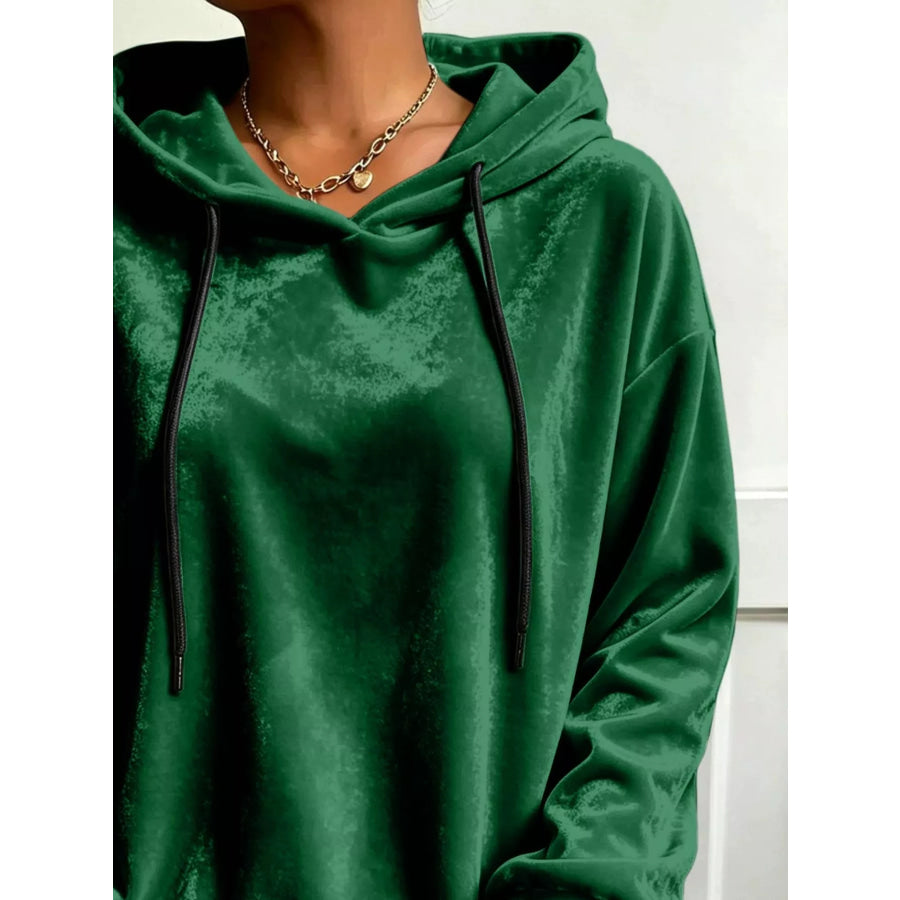 Plus Size Velvet Drawstring Dropped Shoulder Hoodie Apparel and Accessories