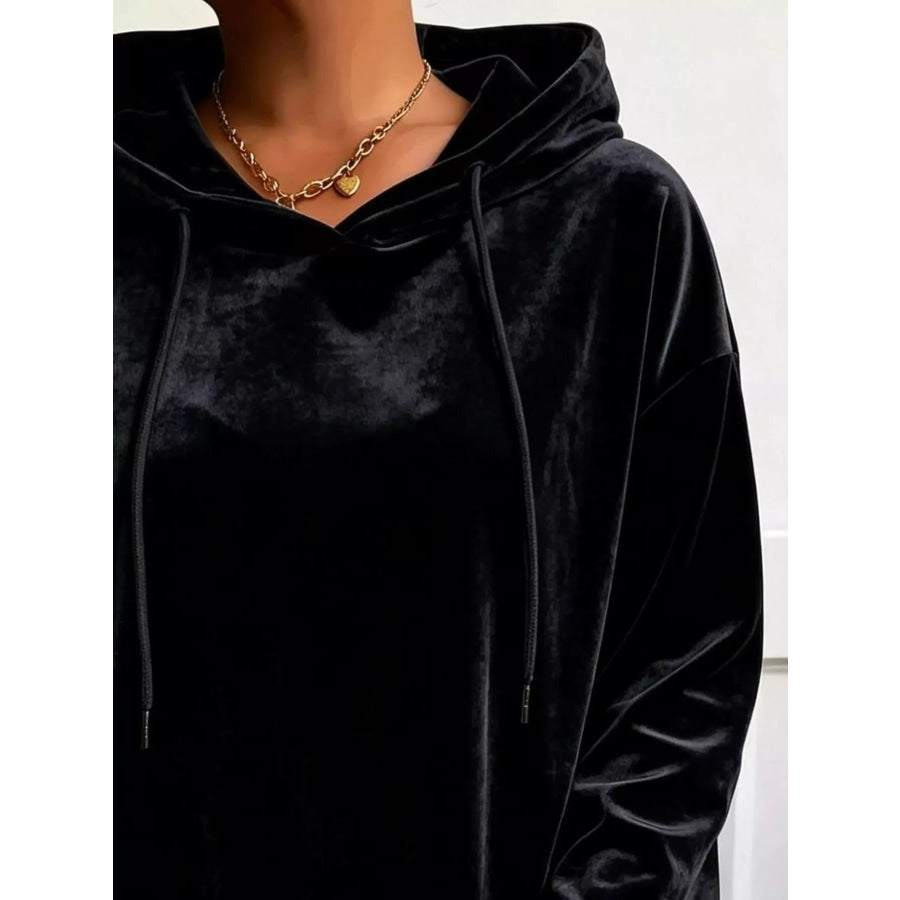 Plus Size Velvet Drawstring Dropped Shoulder Hoodie Apparel and Accessories