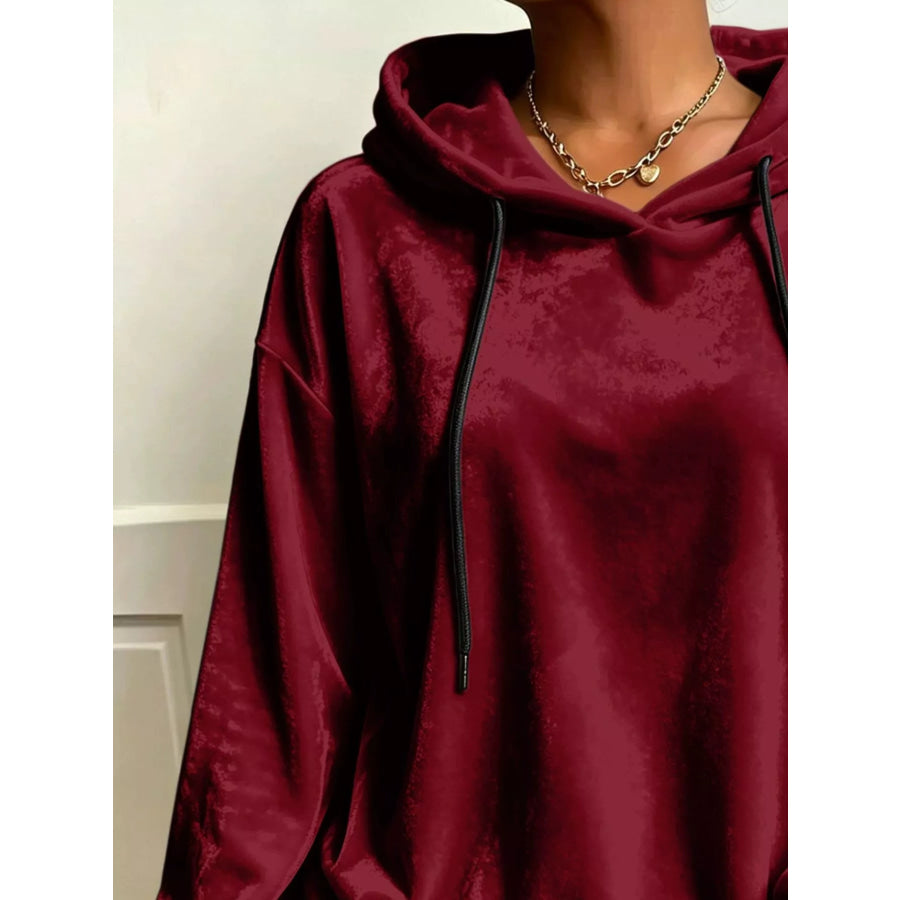 Plus Size Velvet Drawstring Dropped Shoulder Hoodie Apparel and Accessories