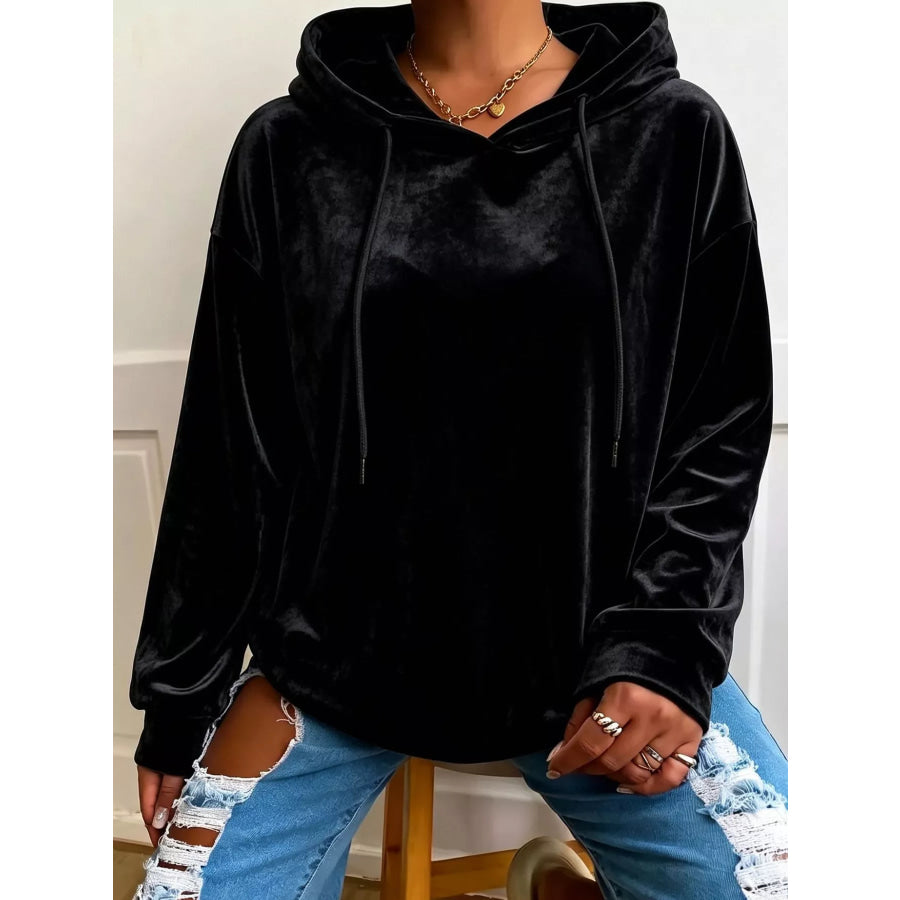 Plus Size Velvet Drawstring Dropped Shoulder Hoodie Black / 0XL Apparel and Accessories