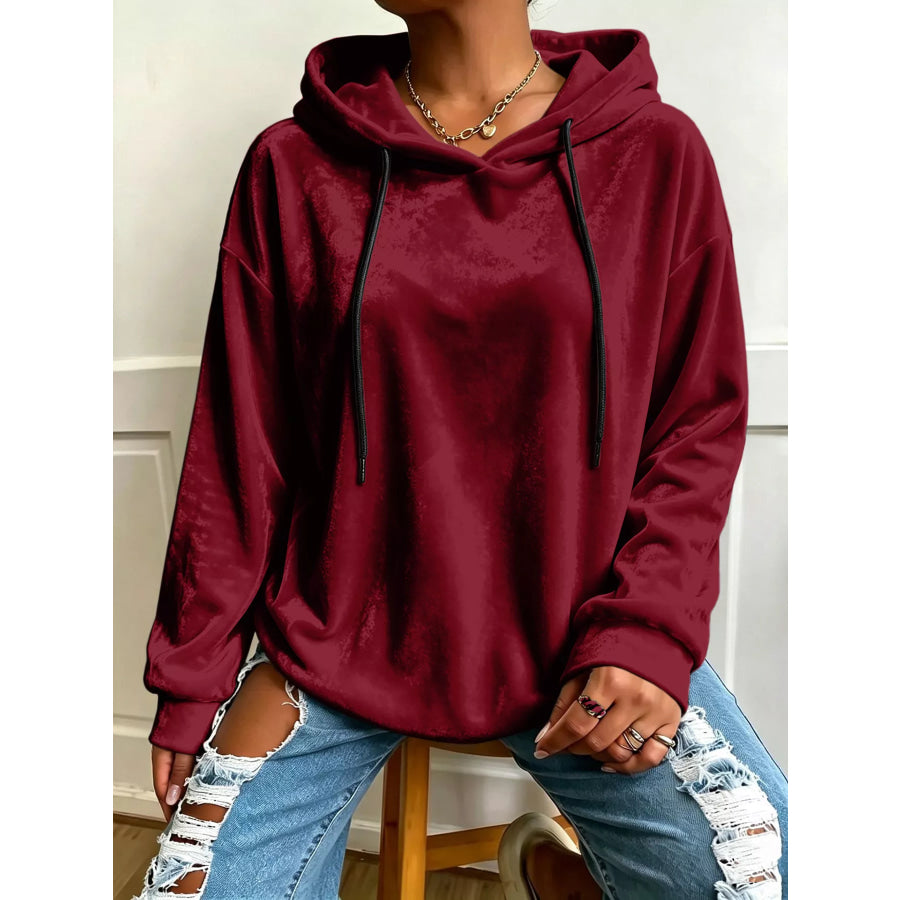 Plus Size Velvet Drawstring Dropped Shoulder Hoodie Burgundy / 0XL Apparel and Accessories