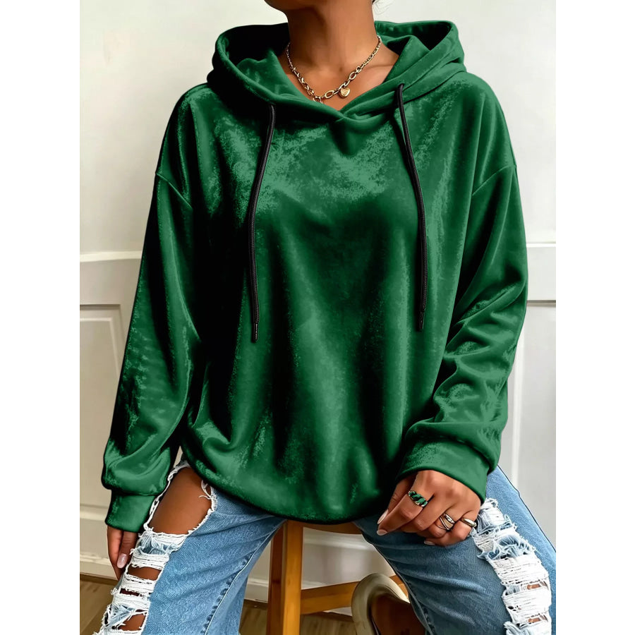 Plus Size Velvet Drawstring Dropped Shoulder Hoodie Dark Green / 0XL Apparel and Accessories