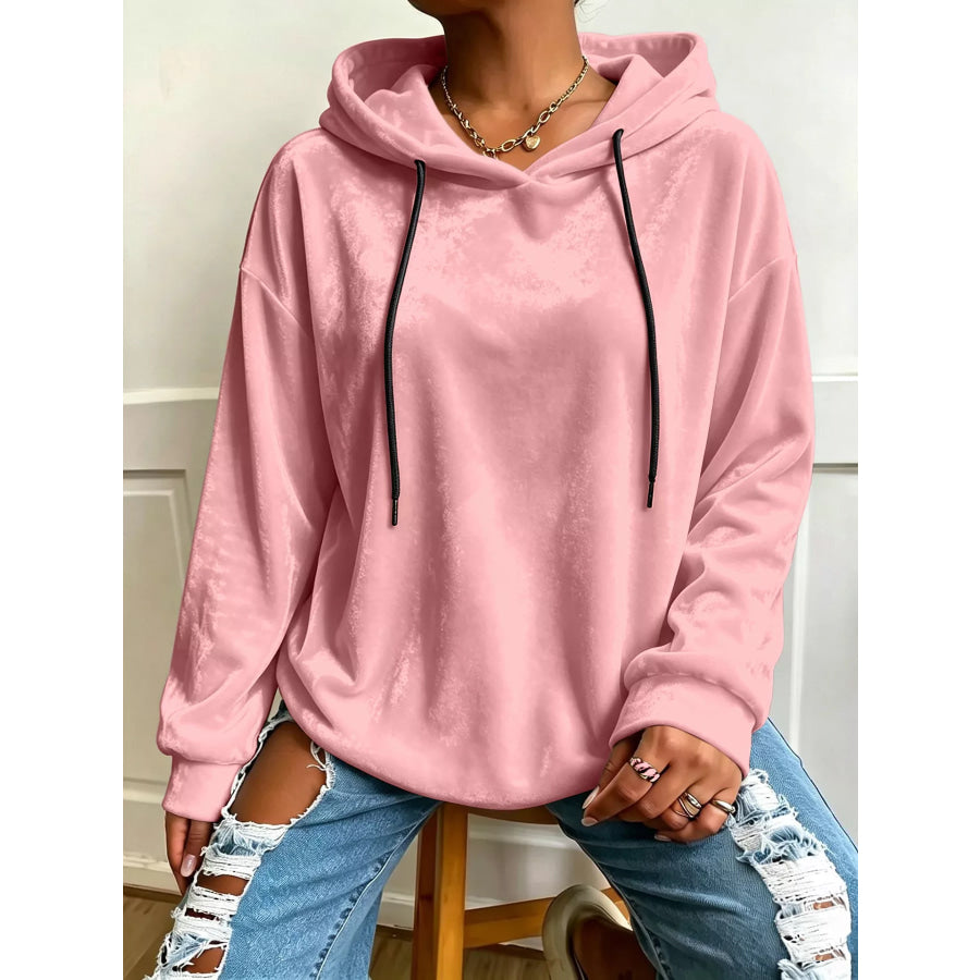 Plus Size Velvet Drawstring Dropped Shoulder Hoodie Pink / 0XL Apparel and Accessories