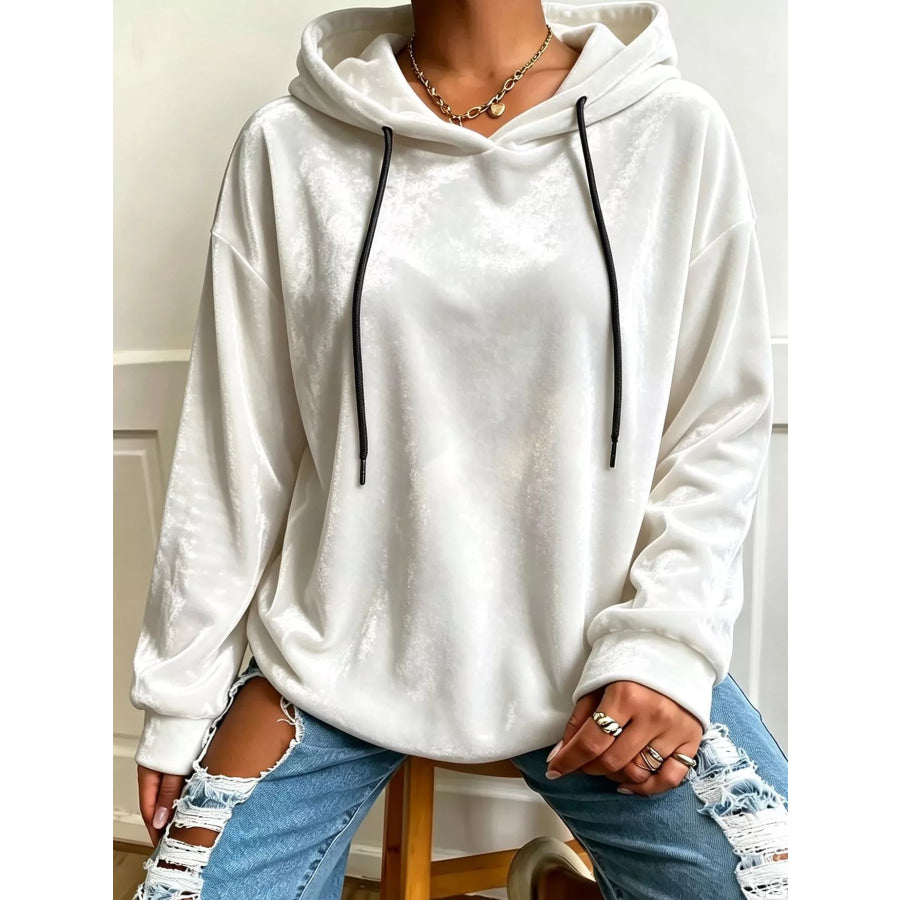 Plus Size Velvet Drawstring Dropped Shoulder Hoodie White / 0XL Apparel and Accessories