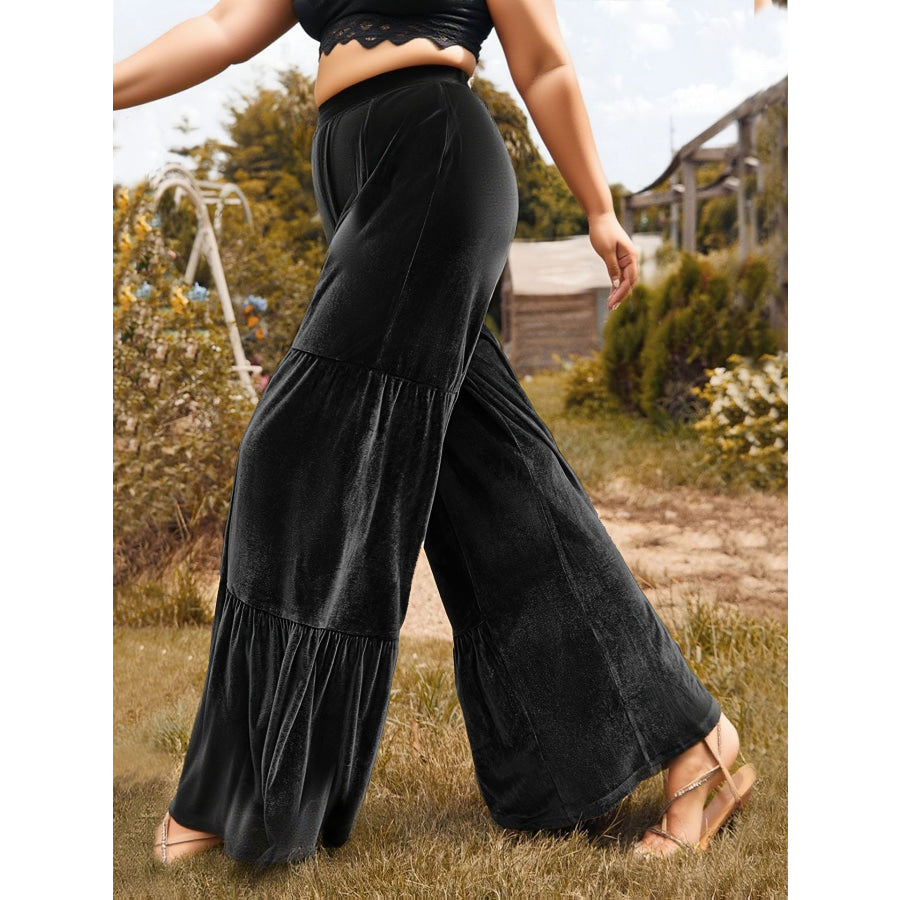 Plus Size Velvet Ruffle Hem Wide Leg Pants Apparel and Accessories