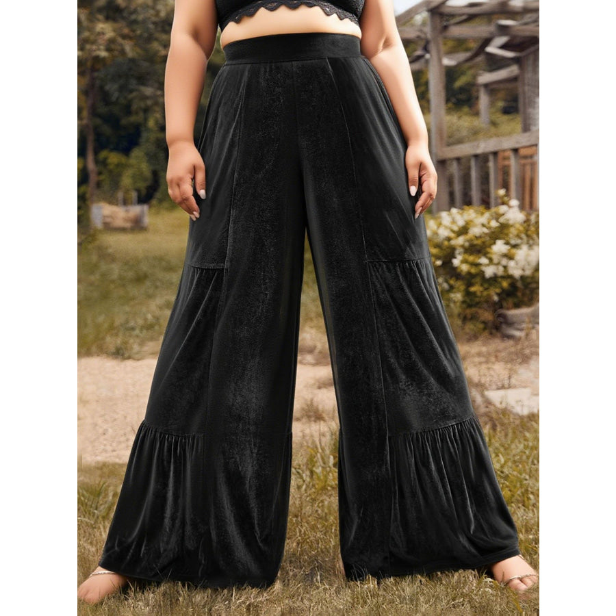 Plus Size Velvet Ruffle Hem Wide Leg Pants Black / 0XL Apparel and Accessories