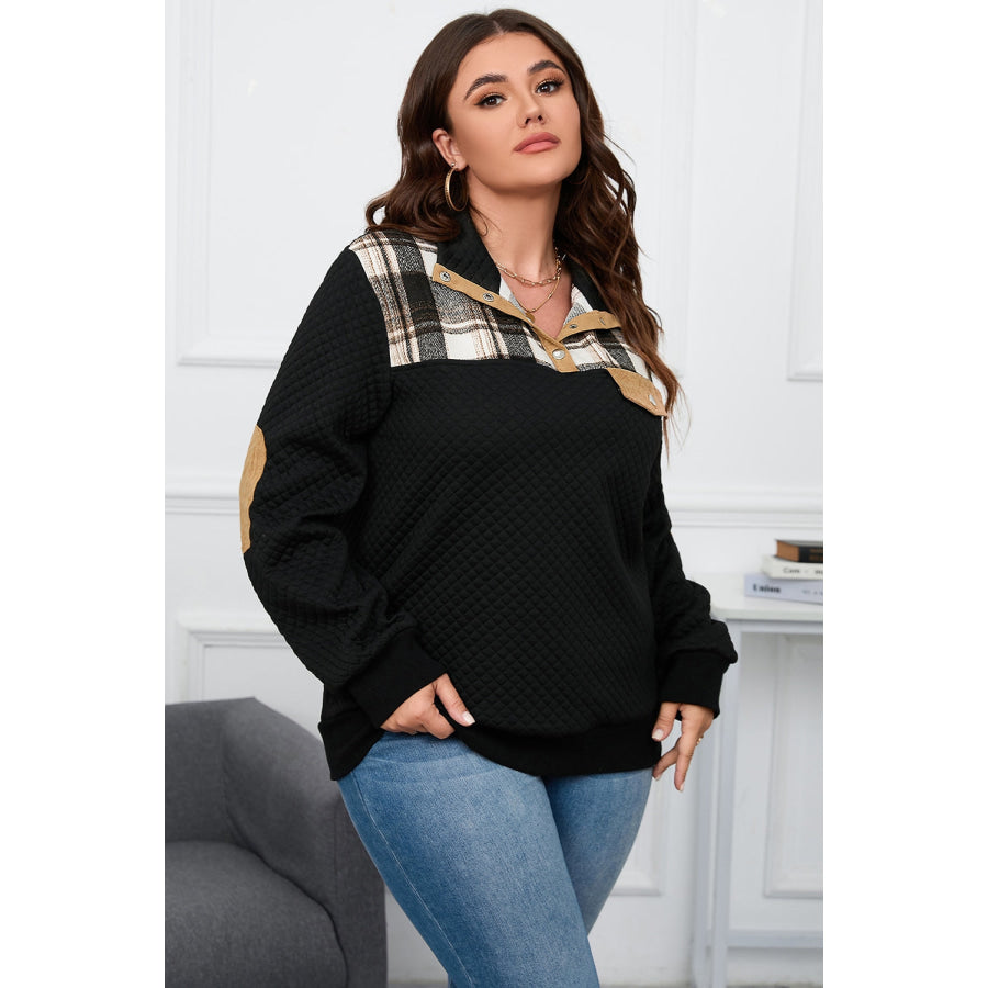 Plus Size Waffle-Knit Collared Neck Sweatshirt Apparel and Accessories