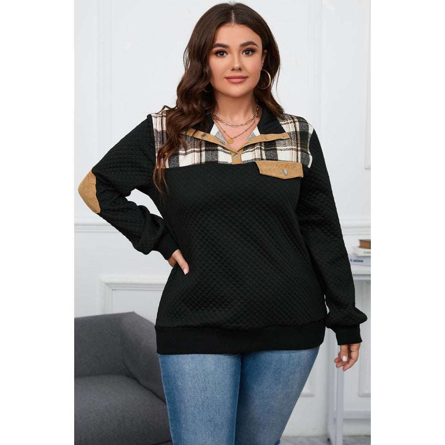 Plus Size Waffle-Knit Collared Neck Sweatshirt Black / 1XL Apparel and Accessories