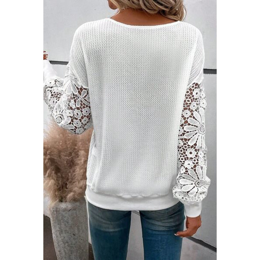 Plus Size Waffle-Knit Crochet V-Neck Blouse White / 1XL Clothing