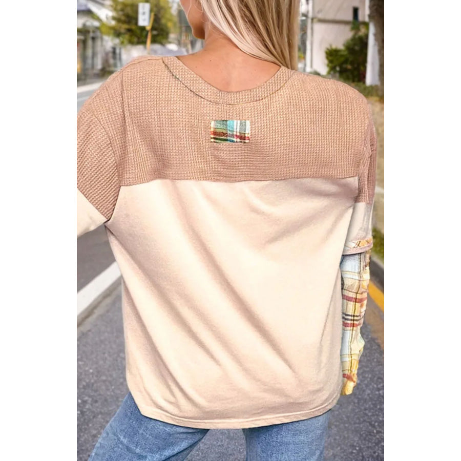 Plus Size Waffle-Knit Detail Plaid Round Neck Top Tan / 1XL Apparel and Accessories