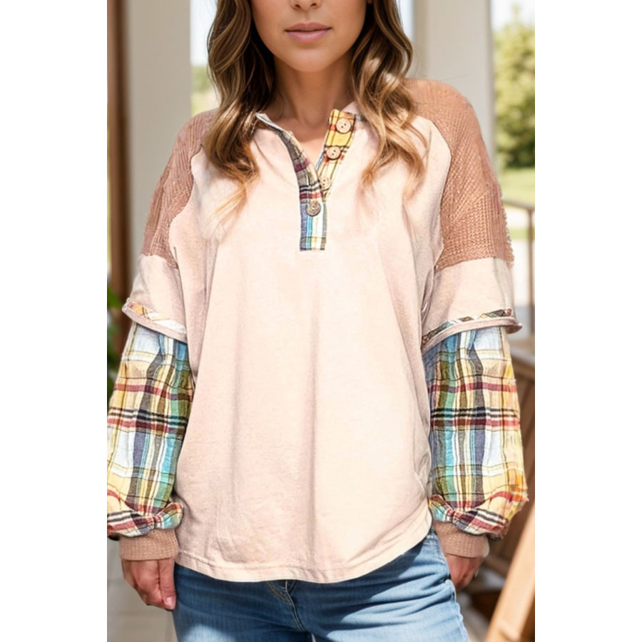 Plus Size Waffle-Knit Detail Plaid Round Neck Top Tan / 1XL Apparel and Accessories