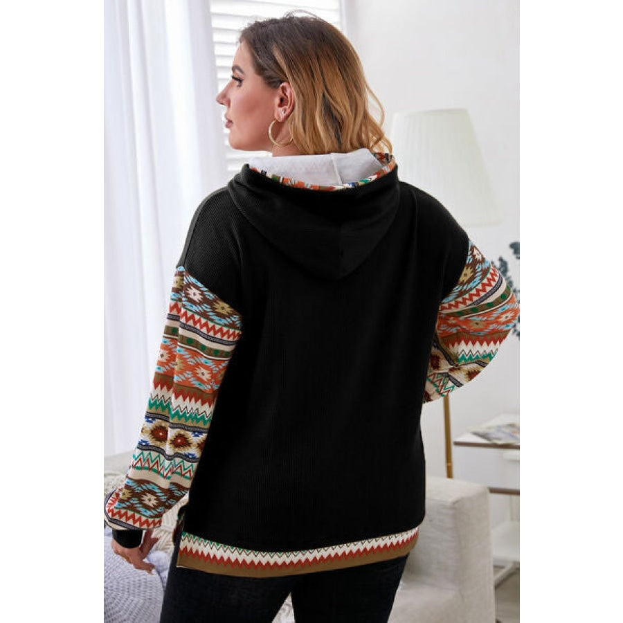 Plus Size Waffle-Knit Geometric Dropped Shoulder Hoodie Apparel and Accessories