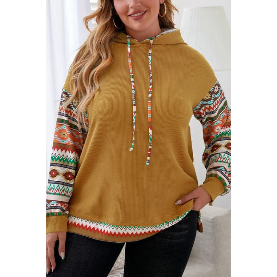 Plus Size Waffle-Knit Geometric Dropped Shoulder Hoodie Apparel and Accessories