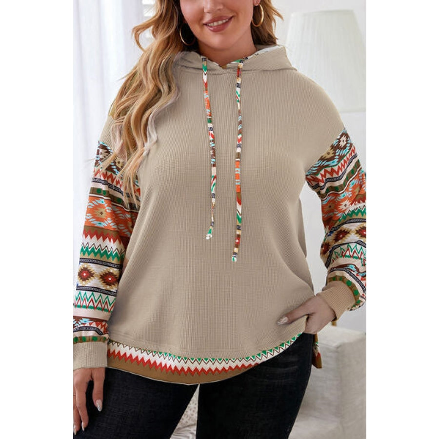 Plus Size Waffle-Knit Geometric Dropped Shoulder Hoodie Apparel and Accessories