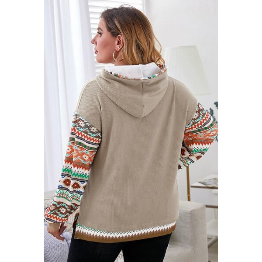 Plus Size Waffle-Knit Geometric Dropped Shoulder Hoodie Apparel and Accessories