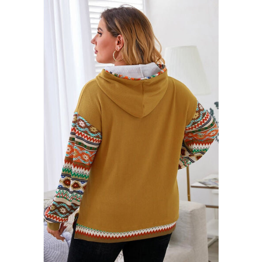 Plus Size Waffle-Knit Geometric Dropped Shoulder Hoodie Apparel and Accessories