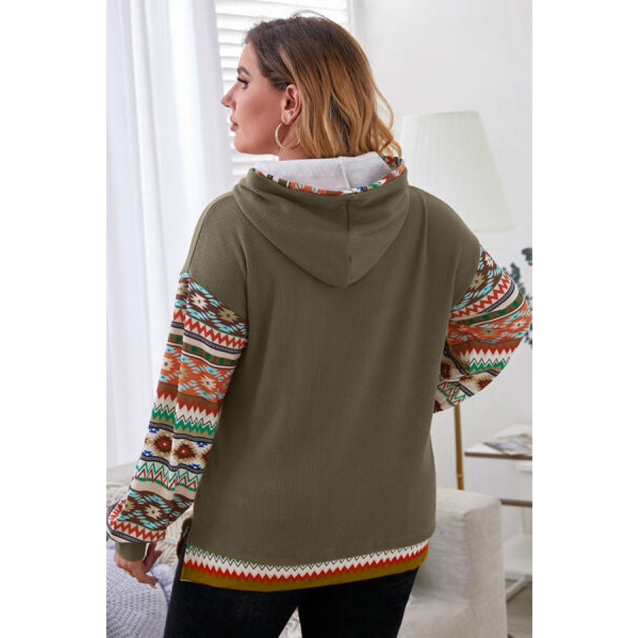 Plus Size Waffle-Knit Geometric Dropped Shoulder Hoodie Apparel and Accessories