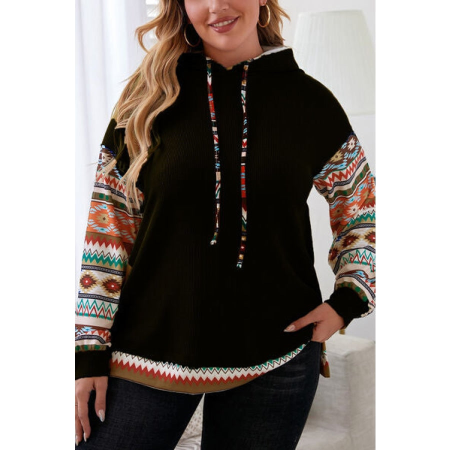 Plus Size Waffle-Knit Geometric Dropped Shoulder Hoodie Apparel and Accessories