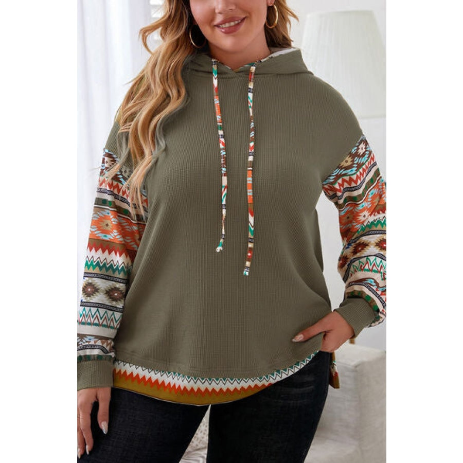 Plus Size Waffle-Knit Geometric Dropped Shoulder Hoodie Apparel and Accessories