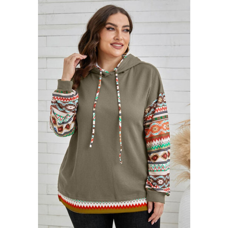 Plus Size Waffle-Knit Geometric Dropped Shoulder Hoodie Army Green / 1XL Apparel and Accessories