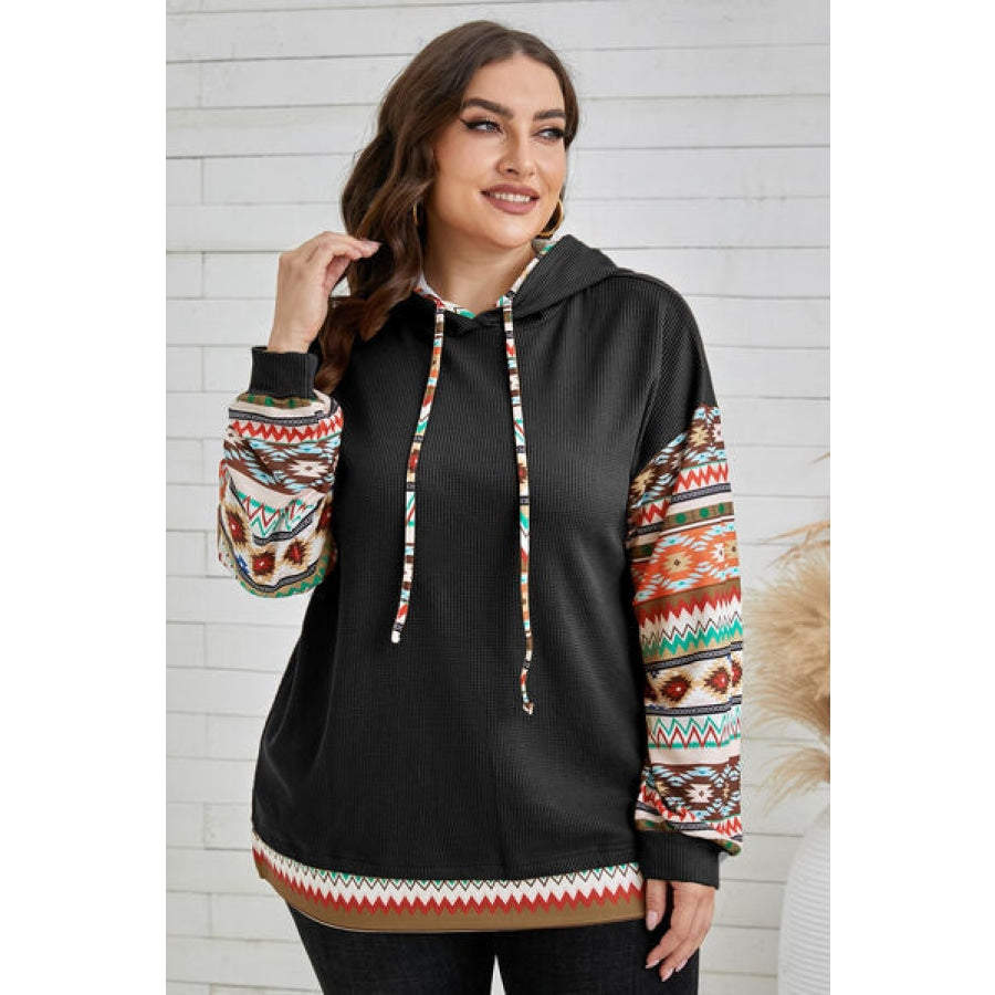 Plus Size Waffle-Knit Geometric Dropped Shoulder Hoodie Black / 1XL Apparel and Accessories