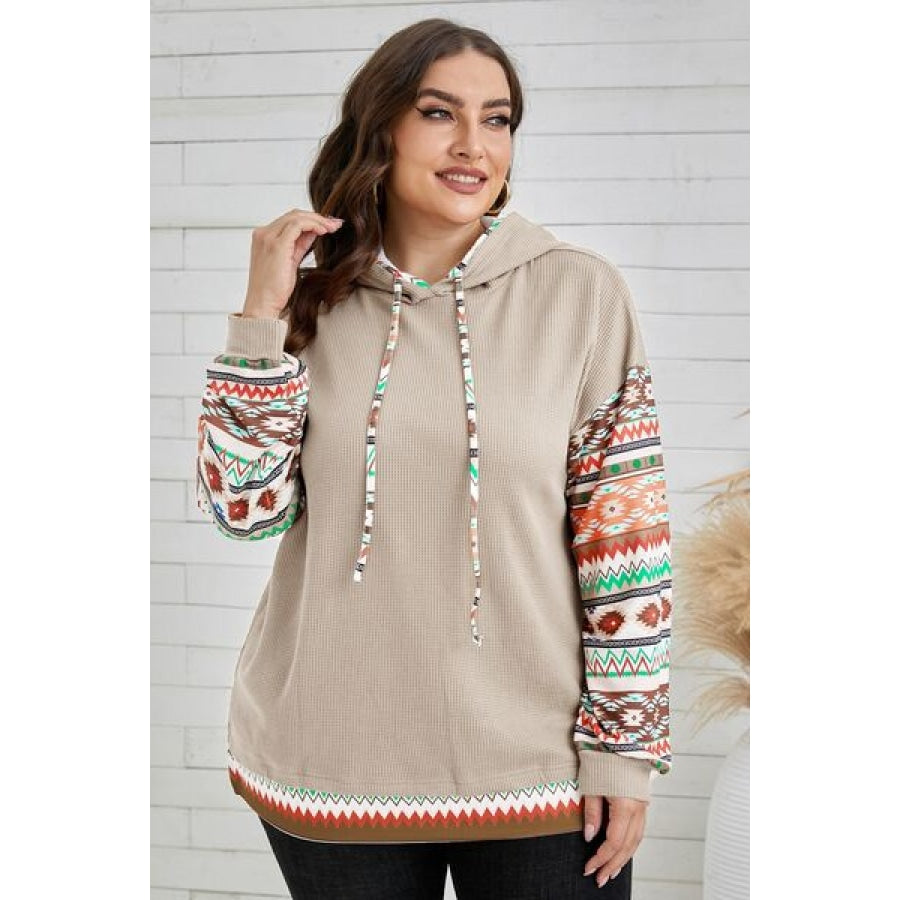 Plus Size Waffle-Knit Geometric Dropped Shoulder Hoodie Dust Storm / 1XL Apparel and Accessories