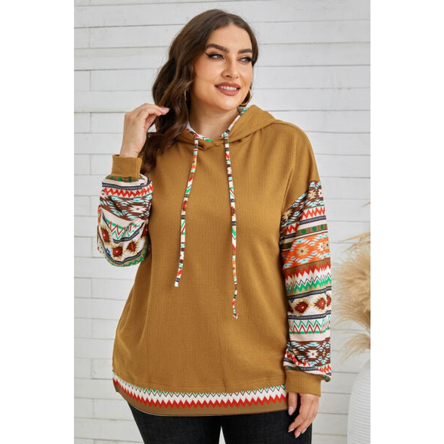 Plus Size Waffle-Knit Geometric Dropped Shoulder Hoodie Honey / 1XL Apparel and Accessories