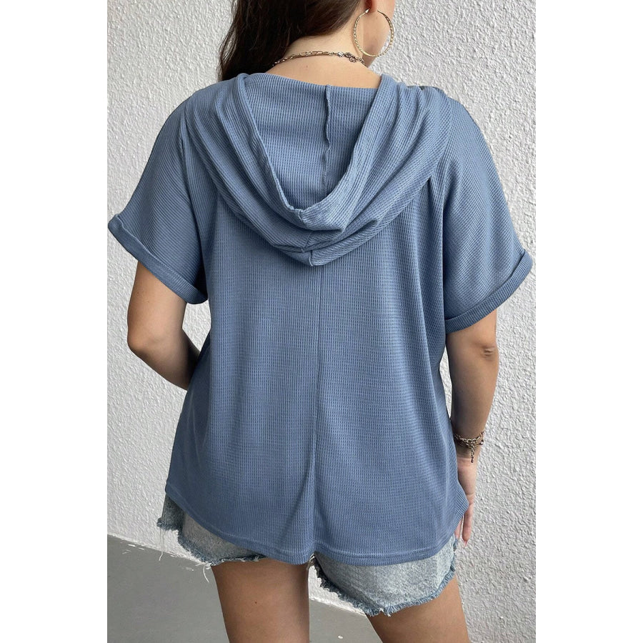 Plus Size Waffle-Knit Half Button Short Sleeve Hoodie Apparel and Accessories