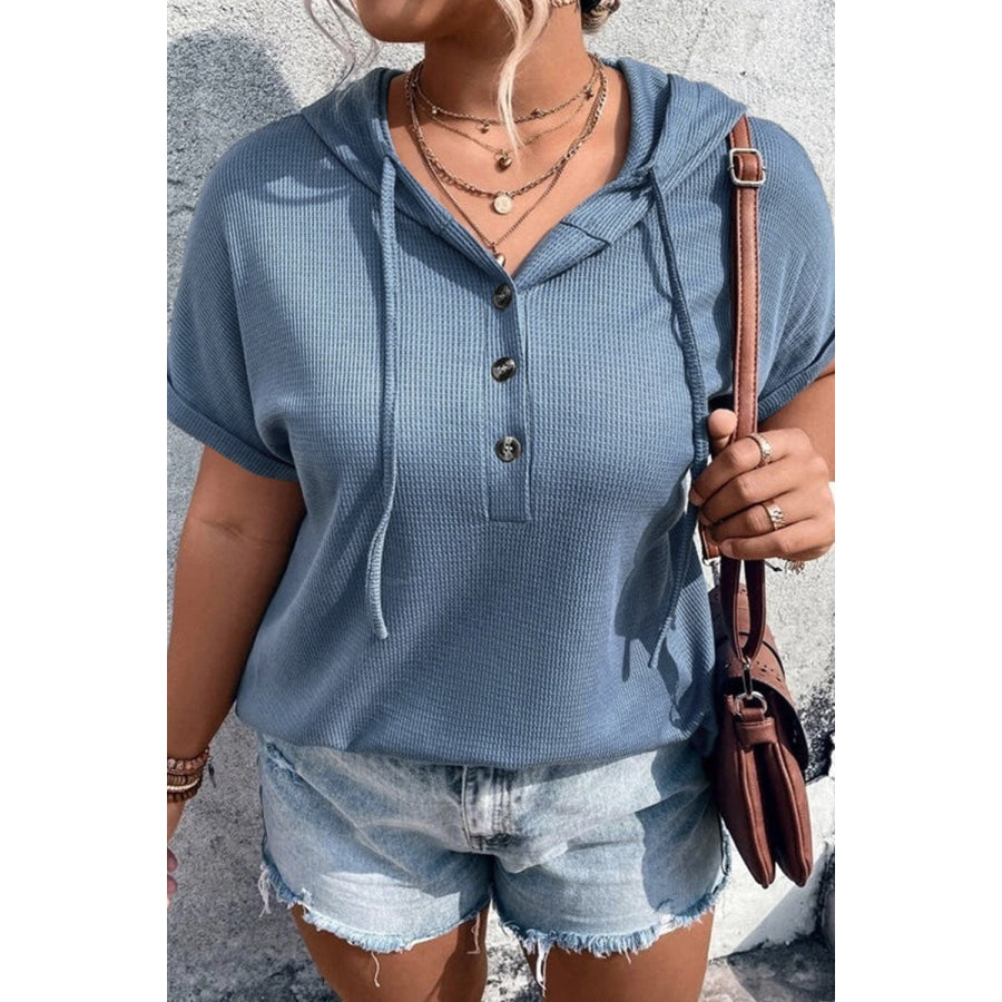 Plus Size Waffle-Knit Half Button Short Sleeve Hoodie Light Blue / 1X Apparel and Accessories