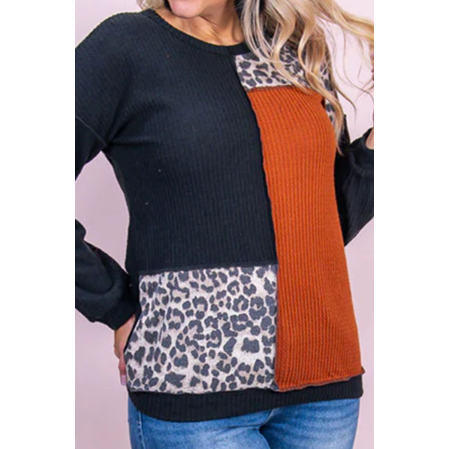 Plus Size Waffle-Knit Leopard Round Neck Blouse Apparel and Accessories