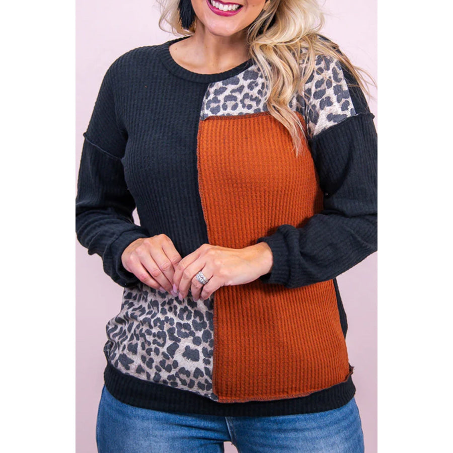 Plus Size Waffle-Knit Leopard Round Neck Blouse Dark Blue / 1X Apparel and Accessories