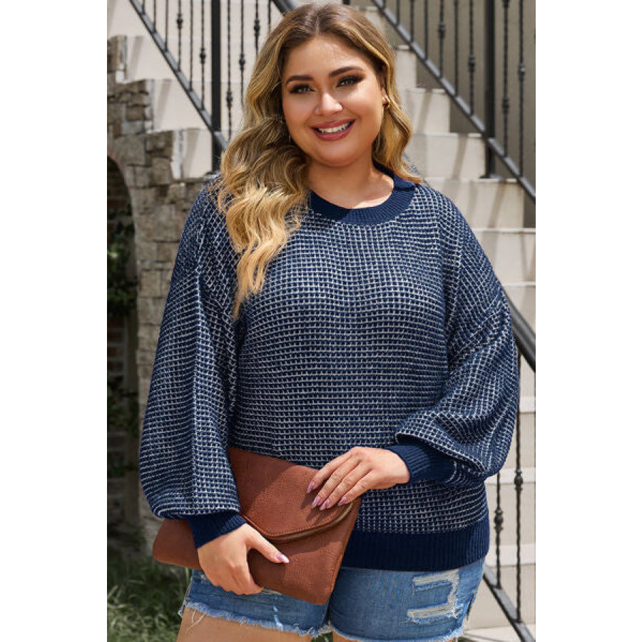 Plus Size Waffle - Knit Round Neck Dropped Shoulder Sweater Apparel and Accessories