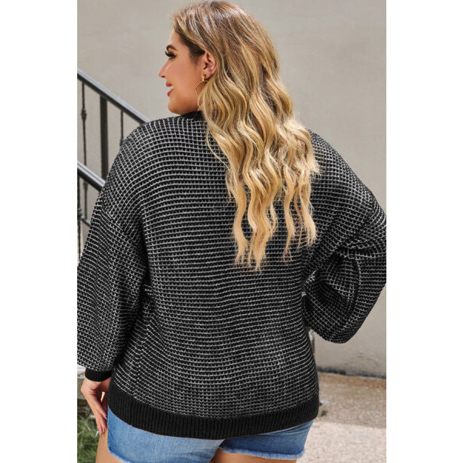 Plus Size Waffle - Knit Round Neck Dropped Shoulder Sweater Apparel and Accessories