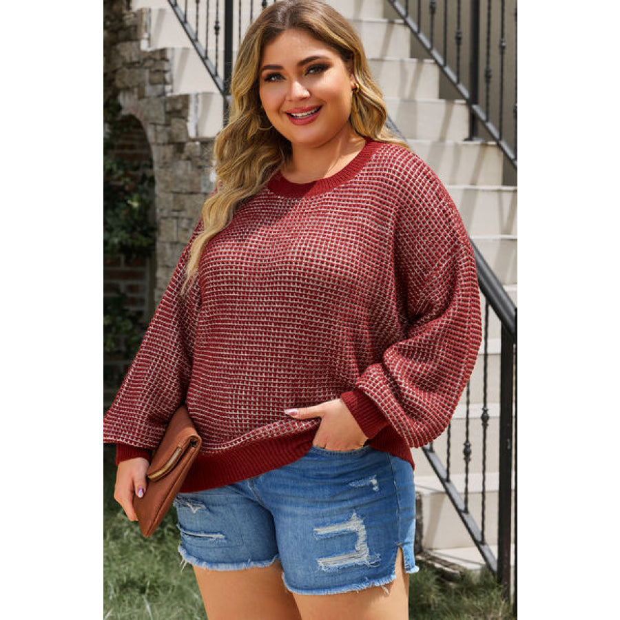 Plus Size Waffle - Knit Round Neck Dropped Shoulder Sweater Apparel and Accessories