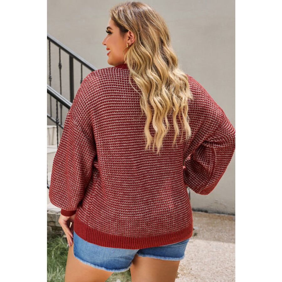 Plus Size Waffle - Knit Round Neck Dropped Shoulder Sweater Deep Red / 1XL Apparel and Accessories