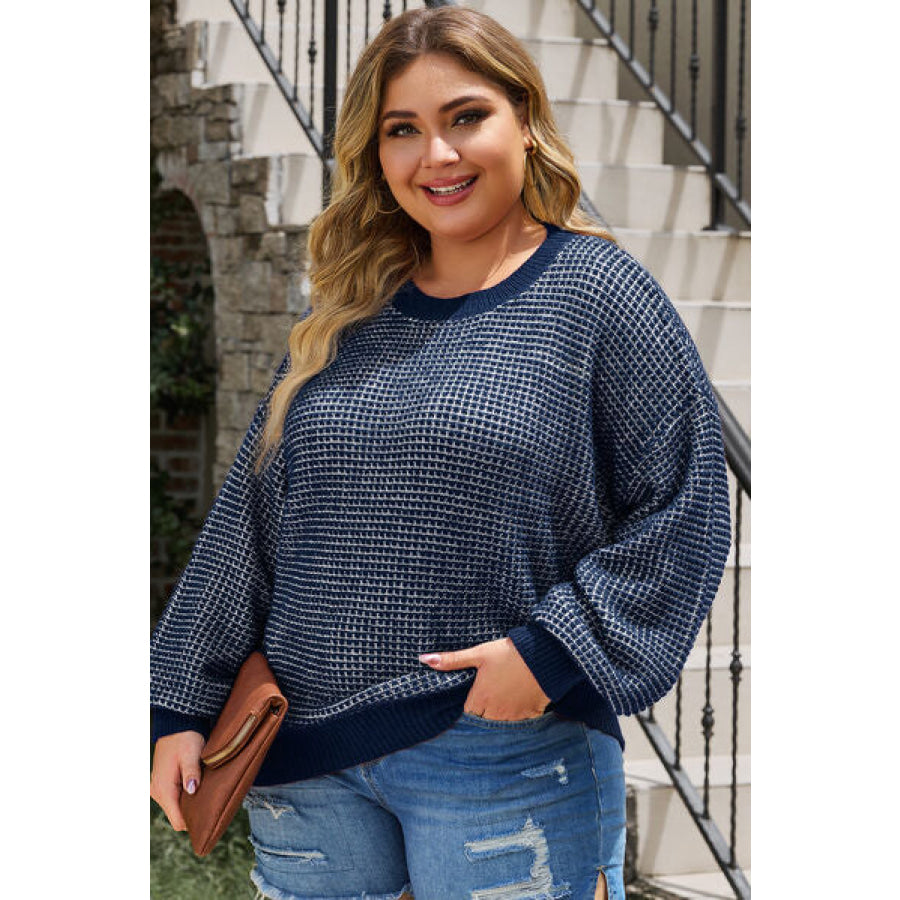 Plus Size Waffle - Knit Round Neck Dropped Shoulder Sweater Apparel and Accessories