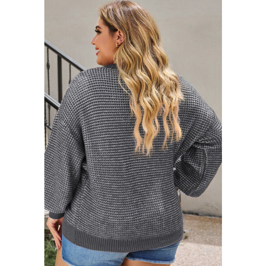 Plus Size Waffle - Knit Round Neck Dropped Shoulder Sweater Apparel and Accessories