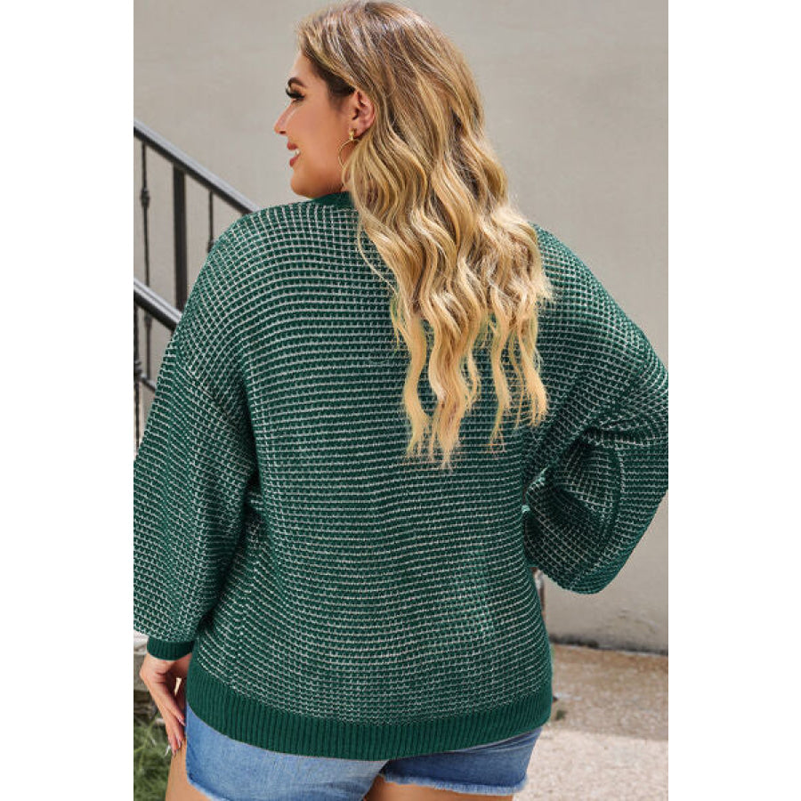 Plus Size Waffle - Knit Round Neck Dropped Shoulder Sweater Apparel and Accessories