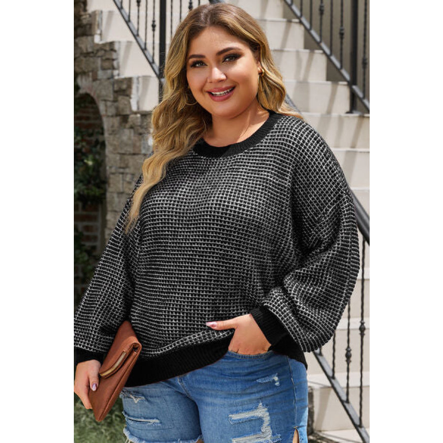 Plus Size Waffle - Knit Round Neck Dropped Shoulder Sweater Apparel and Accessories