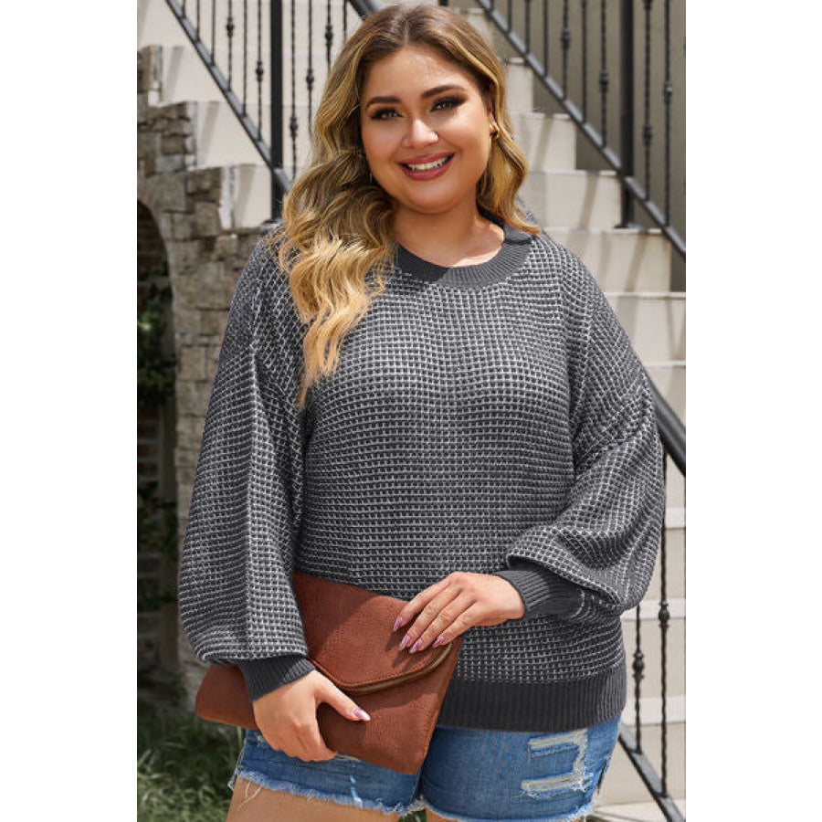 Plus Size Waffle - Knit Round Neck Dropped Shoulder Sweater Apparel and Accessories