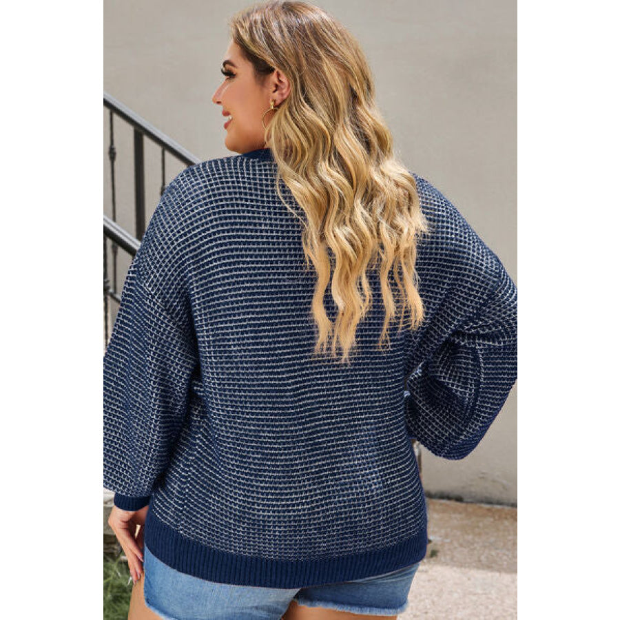 Plus Size Waffle - Knit Round Neck Dropped Shoulder Sweater Apparel and Accessories