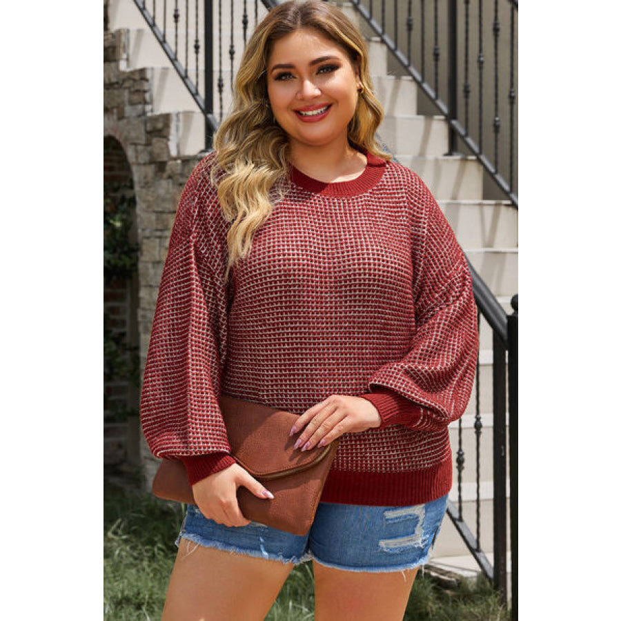 Plus Size Waffle - Knit Round Neck Dropped Shoulder Sweater Apparel and Accessories