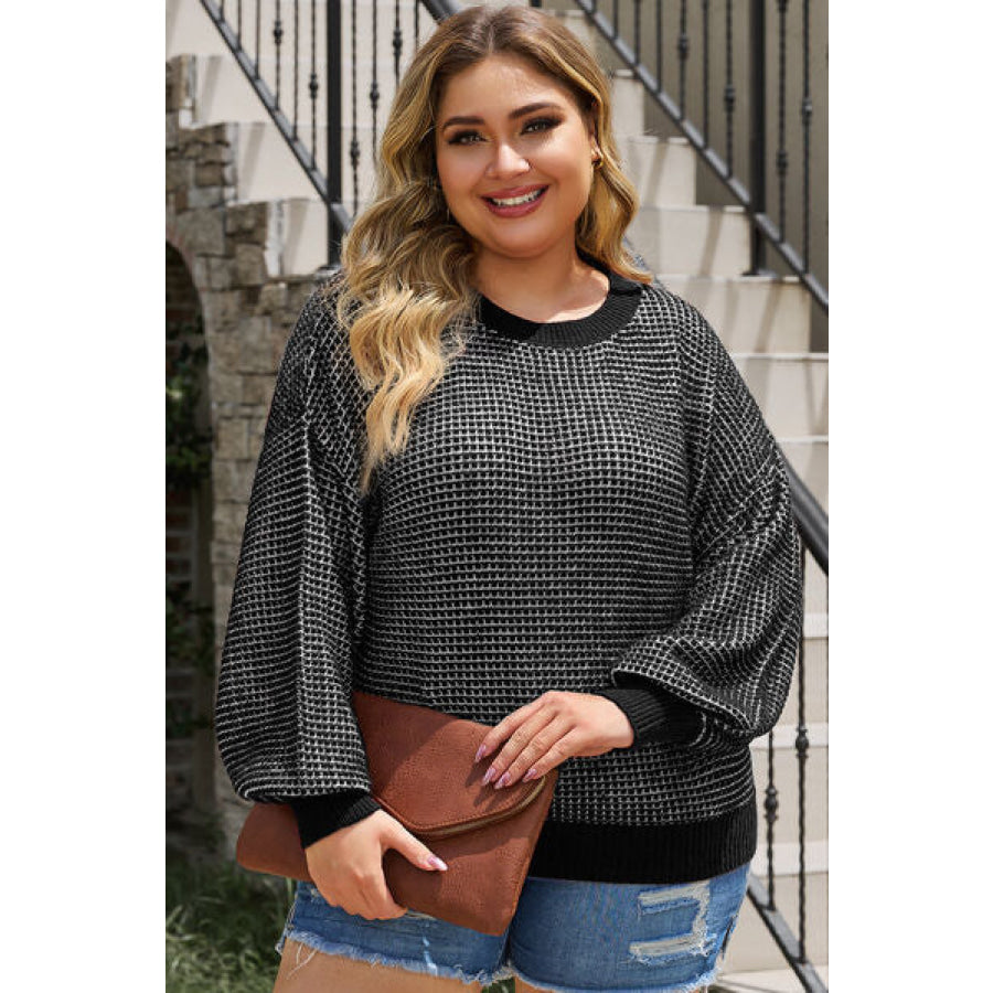 Plus Size Waffle - Knit Round Neck Dropped Shoulder Sweater Black / 1XL Apparel and Accessories