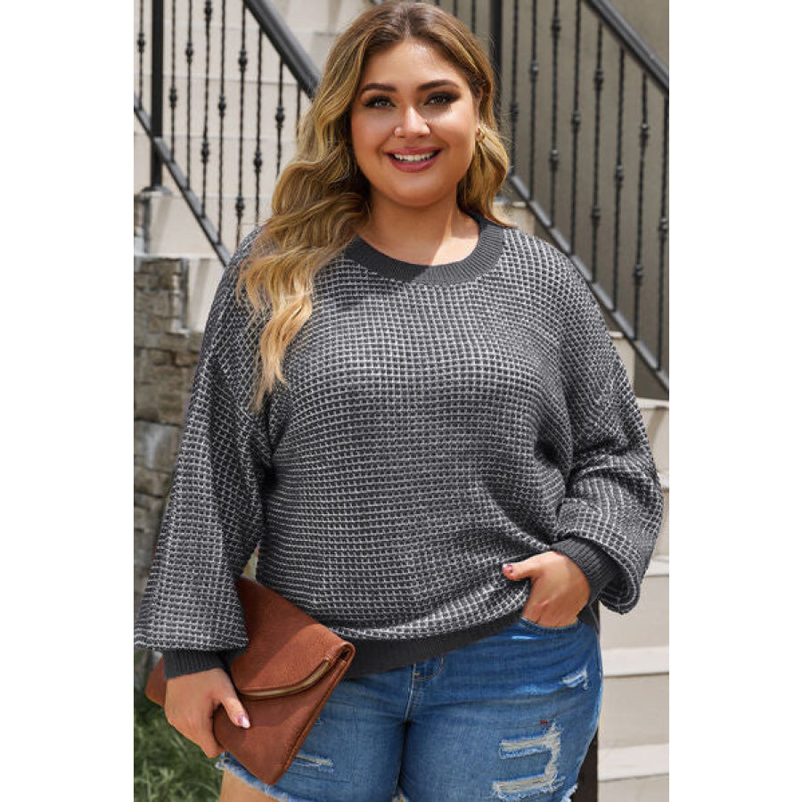 Plus Size Waffle - Knit Round Neck Dropped Shoulder Sweater Charcoal / 1XL Apparel and Accessories
