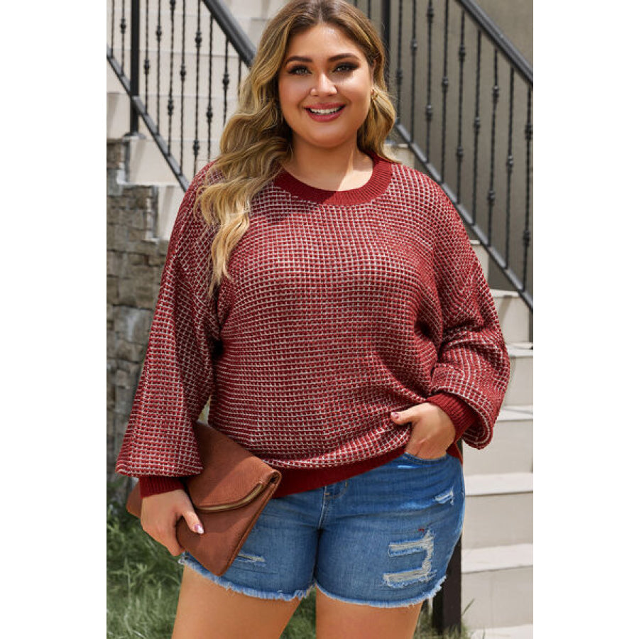 Plus Size Waffle - Knit Round Neck Dropped Shoulder Sweater Deep Red / 1XL Apparel and Accessories