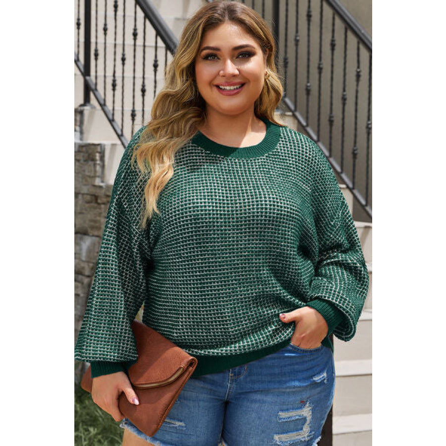 Plus Size Waffle - Knit Round Neck Dropped Shoulder Sweater Mid Green / 1XL Apparel and Accessories