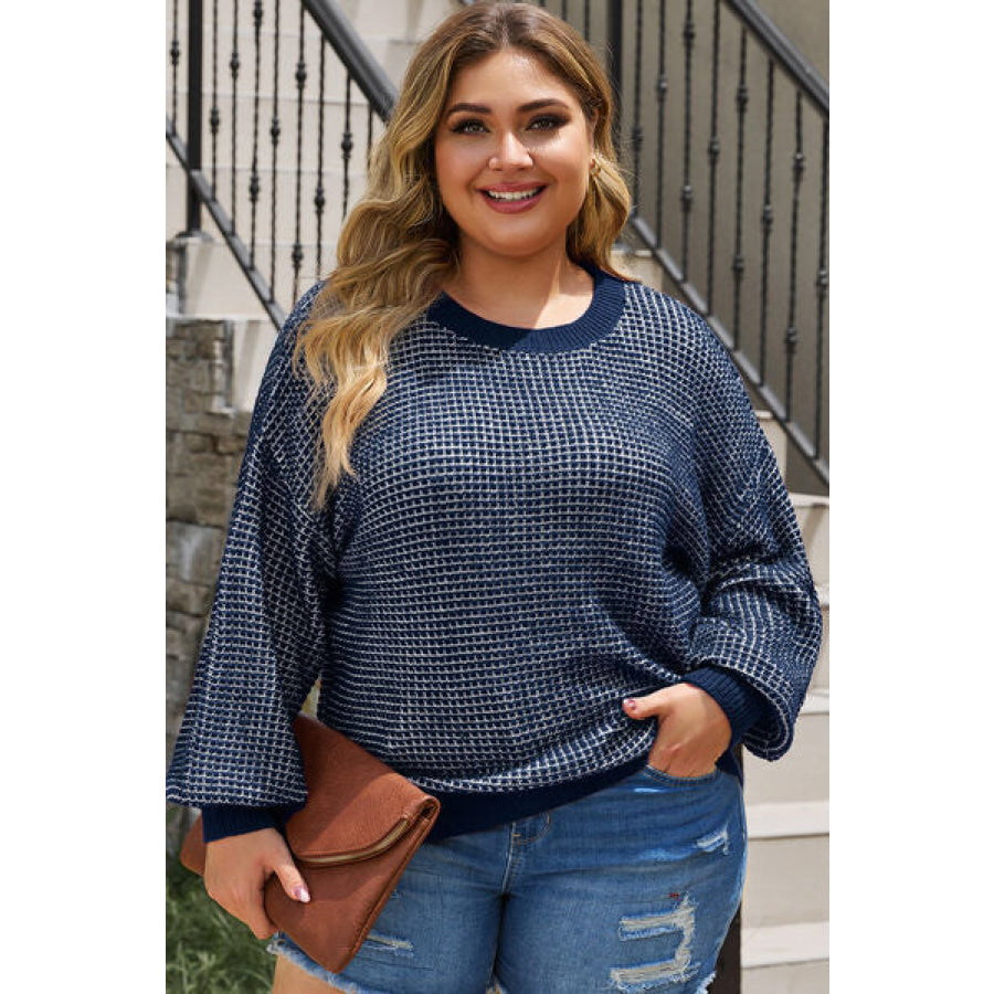Plus Size Waffle - Knit Round Neck Dropped Shoulder Sweater Navy / 1XL Apparel and Accessories