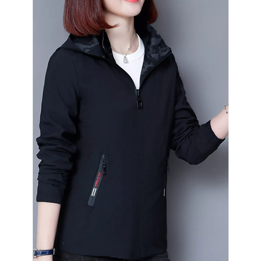 Plus Size Zip Up Hooded Jacket Black / M Apparel and Accessories