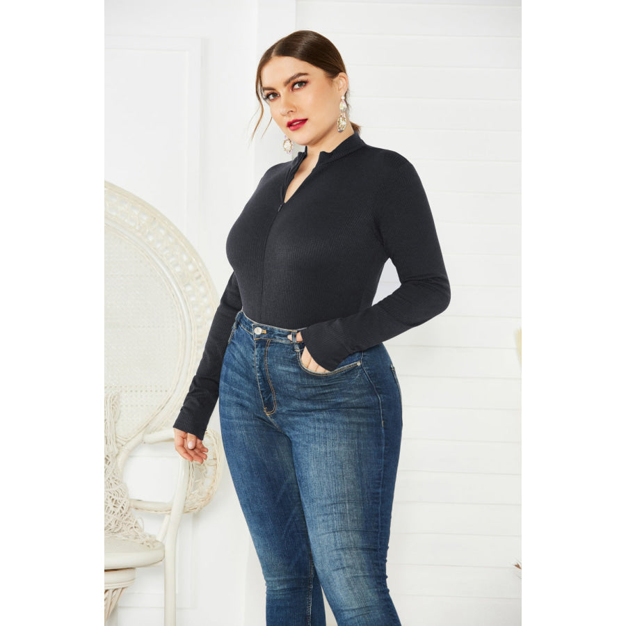 Plus Size Zip Up Long Sleeve Bodysuit Apparel and Accessories